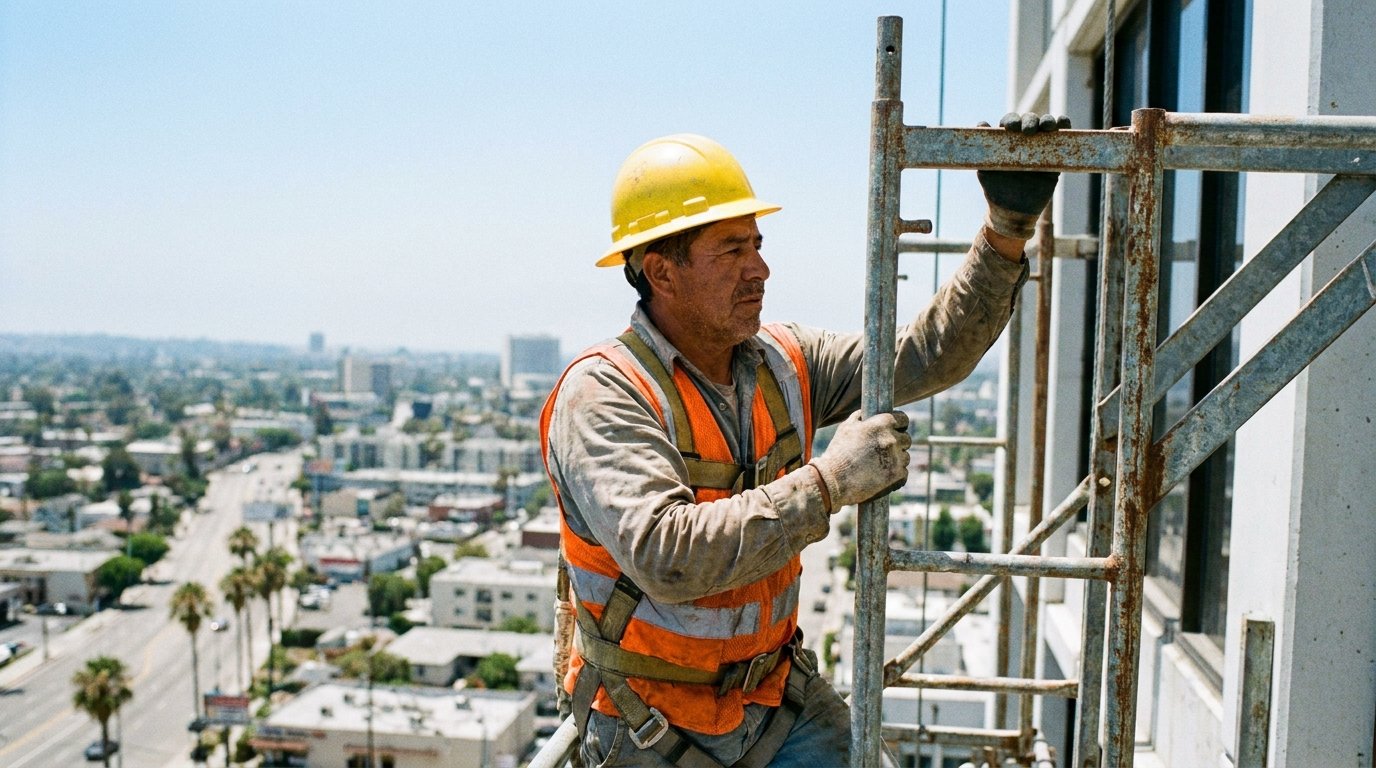 Trabajador hispano con arnés subiendo un andamio alto en Los Ángeles