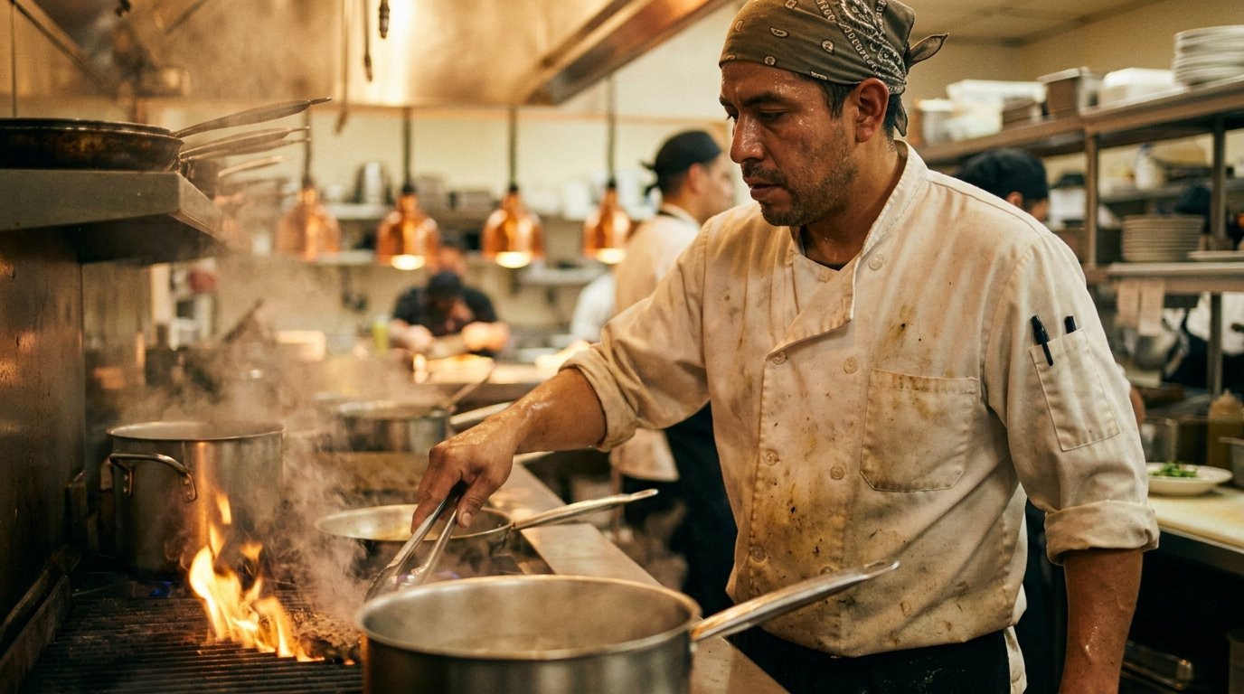 Cocinero hispano trabajando en la línea de una cocina de restaurante en Los Ángeles