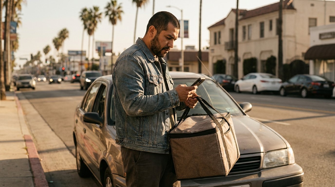 Repartidor hispano con bolsa de entrega junto a su carro en una calle de Los Ángeles