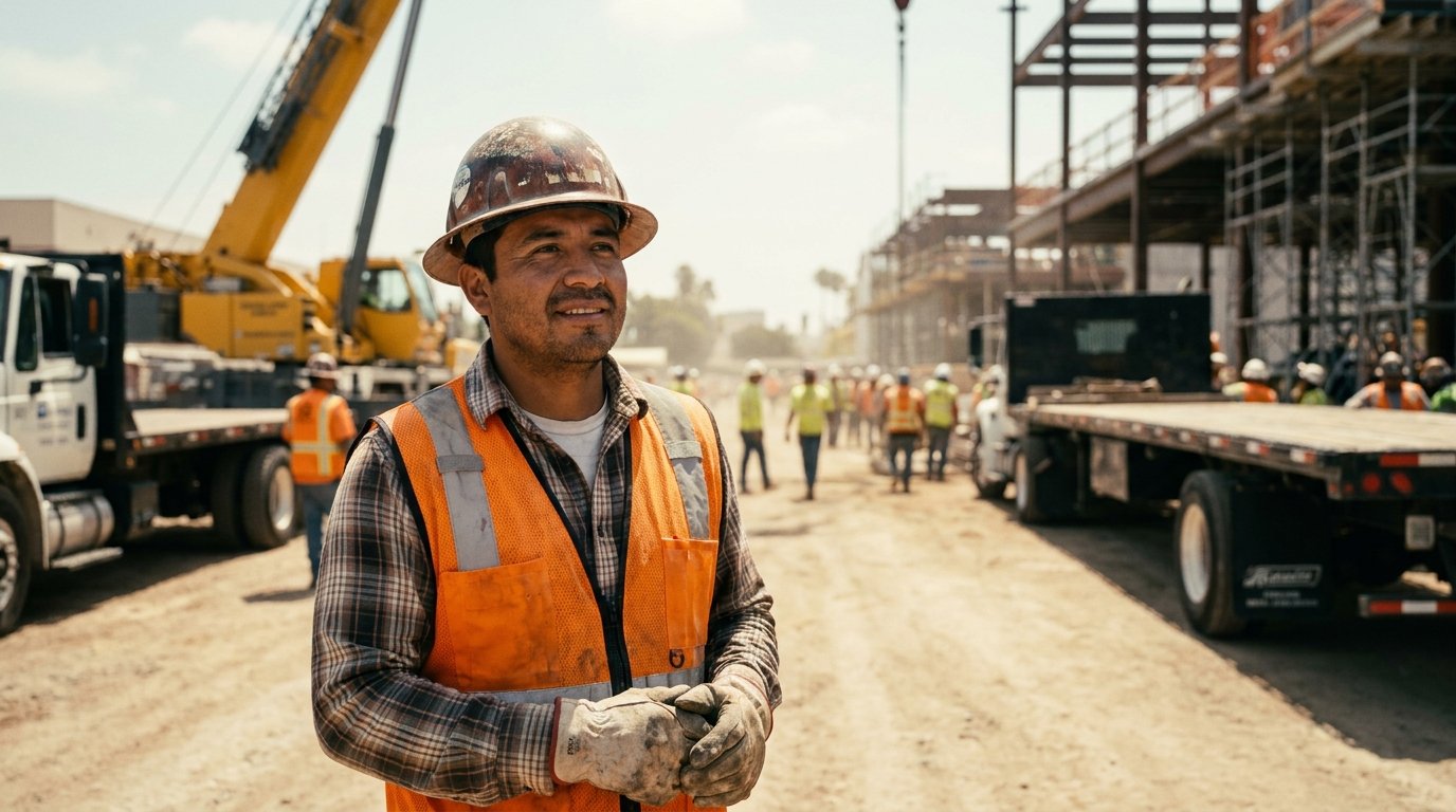 Trabajador hispano en un sitio de construcción con varias empresas trabajando en Los Ángeles